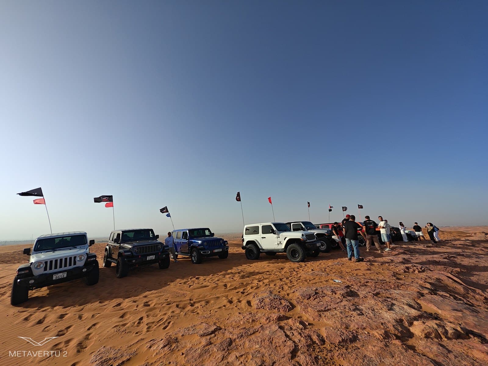Jeeps drawn up along a ridge with club flags flying