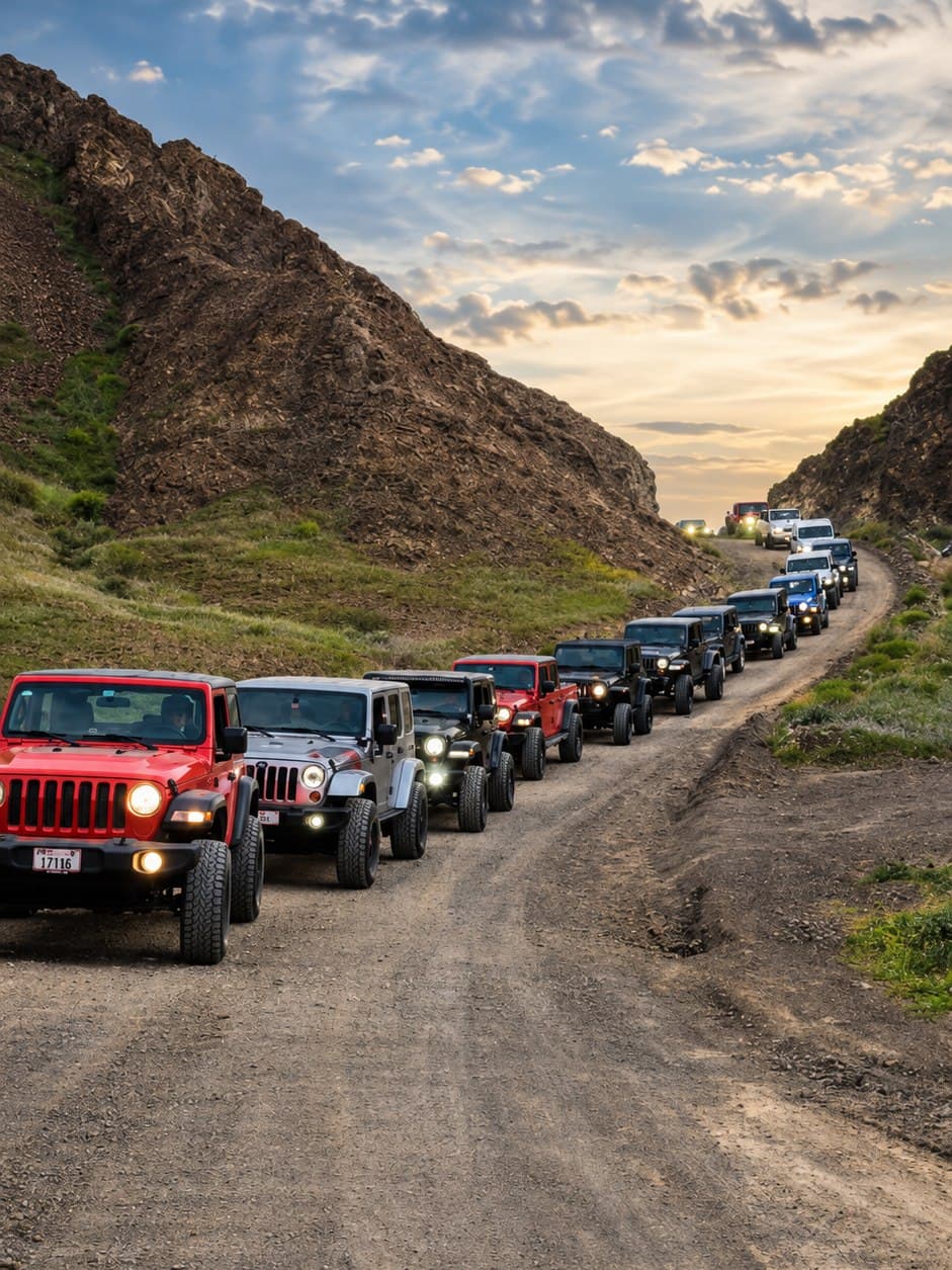 A long convoy of Jeeps on a mountain trail at sunset