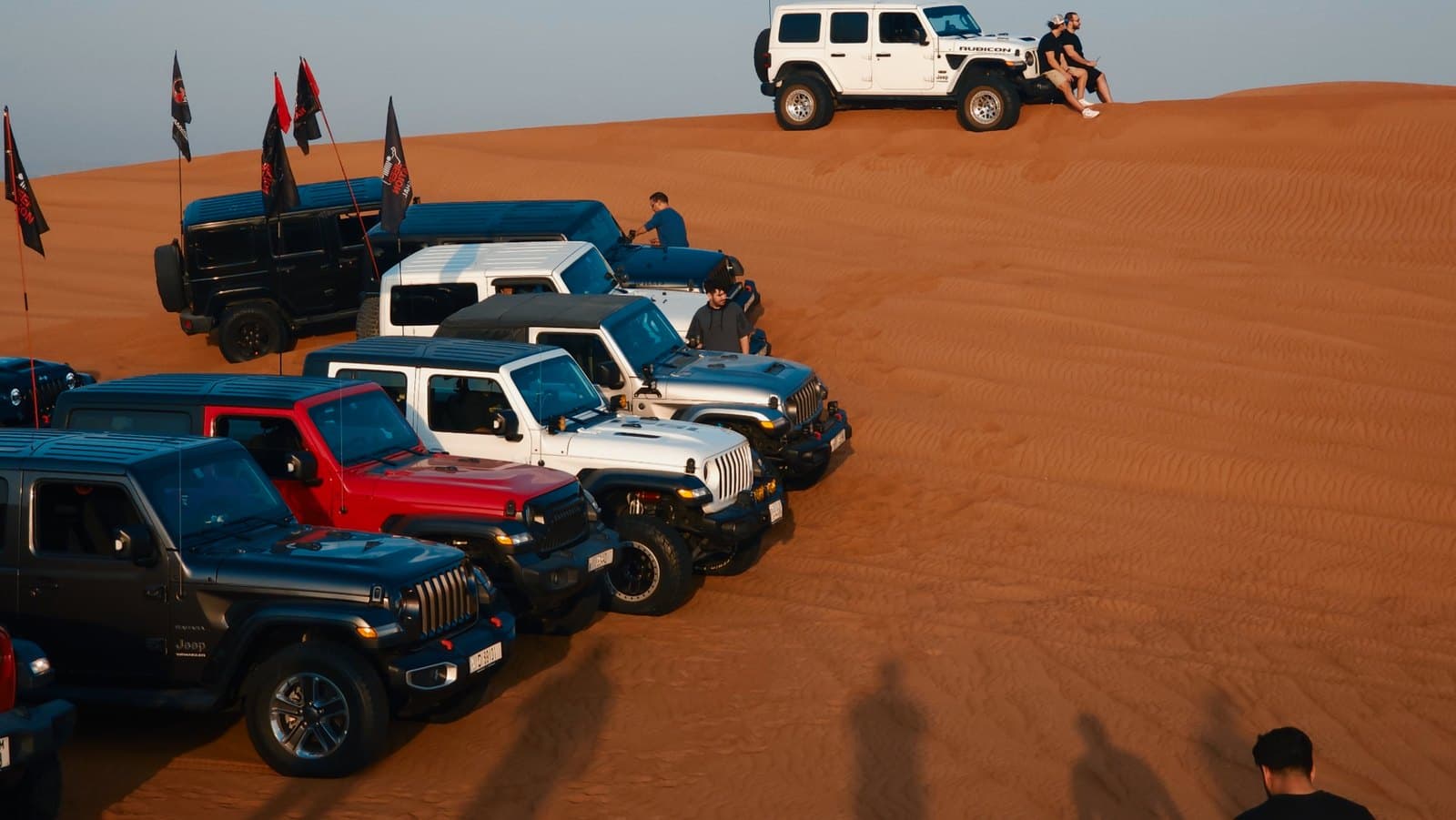 A line of Jeeps along a dune ridge